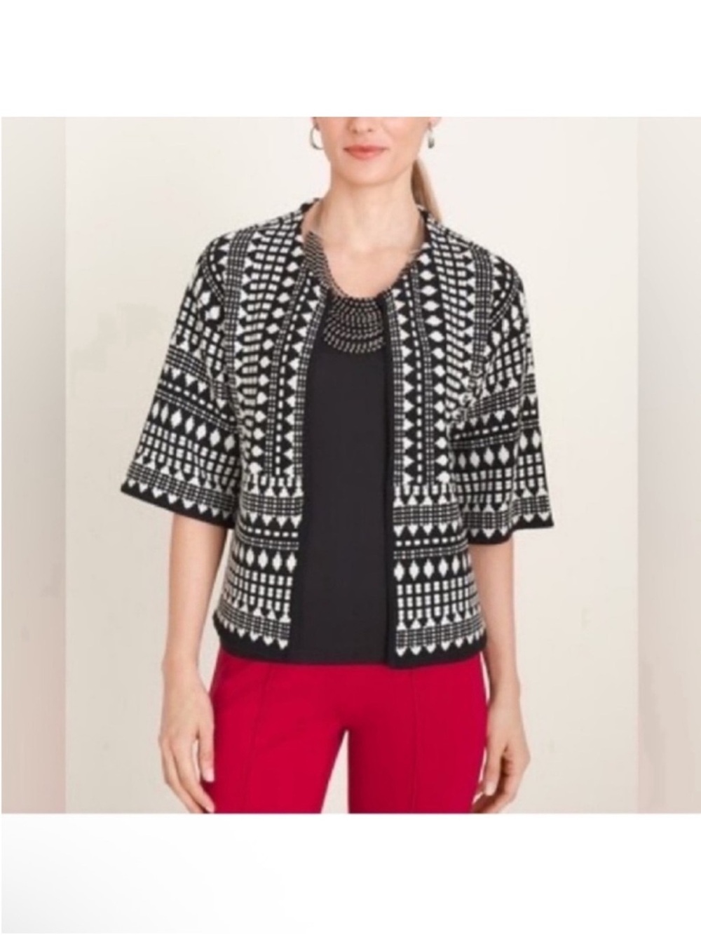 Chico’s Boho Bohemian Knit Textured Jacket Sz M Black White  Crew Open Front